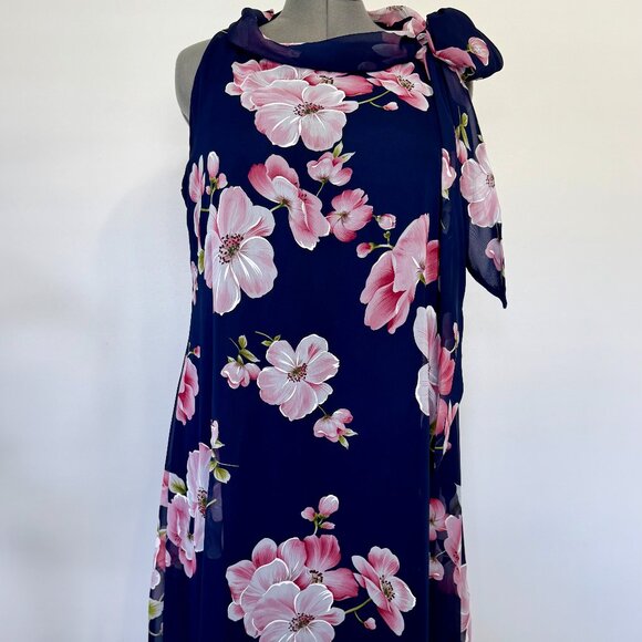 SIGNATURE BY ROBBIE BEE Navy Chiffon Dress with Pink White Green Flowers Size 12 - Picture 1 of 9